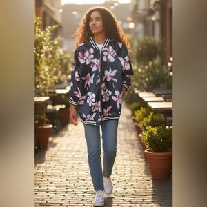 Anthro Luna Moon Oversized Floral
Satin Long Bomber Jacket- Size Small NWOT